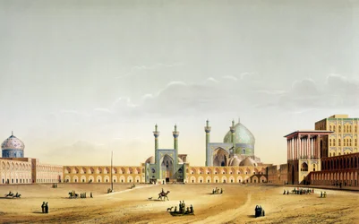 Il Palazzo Reale e il Mesdjid-i-Shah, Isfahan, tavola 6-7 da „Monumenti moderni della Persia“, inciso da A. Levie, 1856